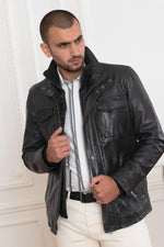 Dark blue leather jacket with stand-up collar - Image n°1