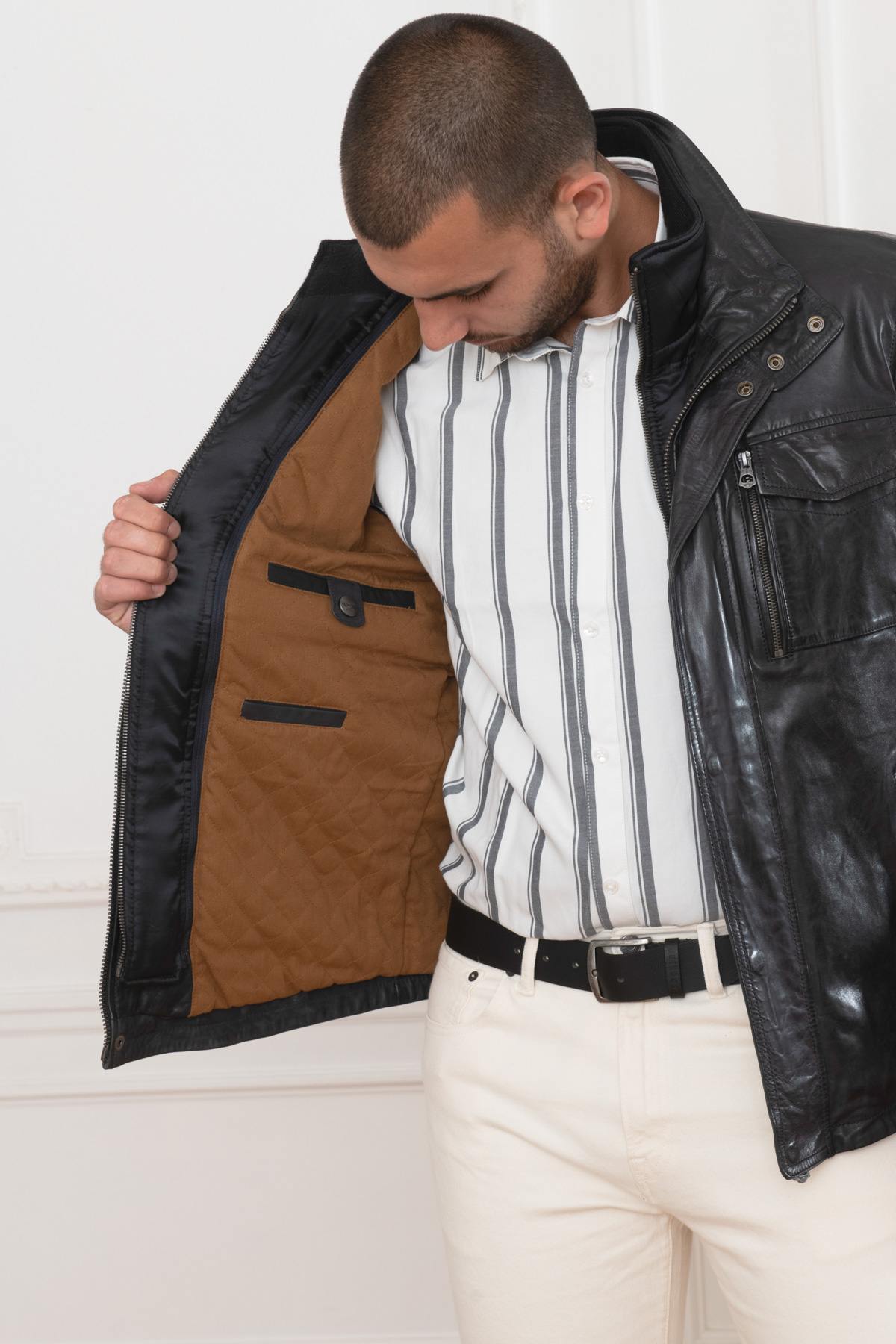 Midnight blue sheep leather jacket with removable collar and zip. - Image n°4
