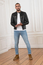 Skinny sheep leather jacket with moto collar and quilted accents. - Image n°2