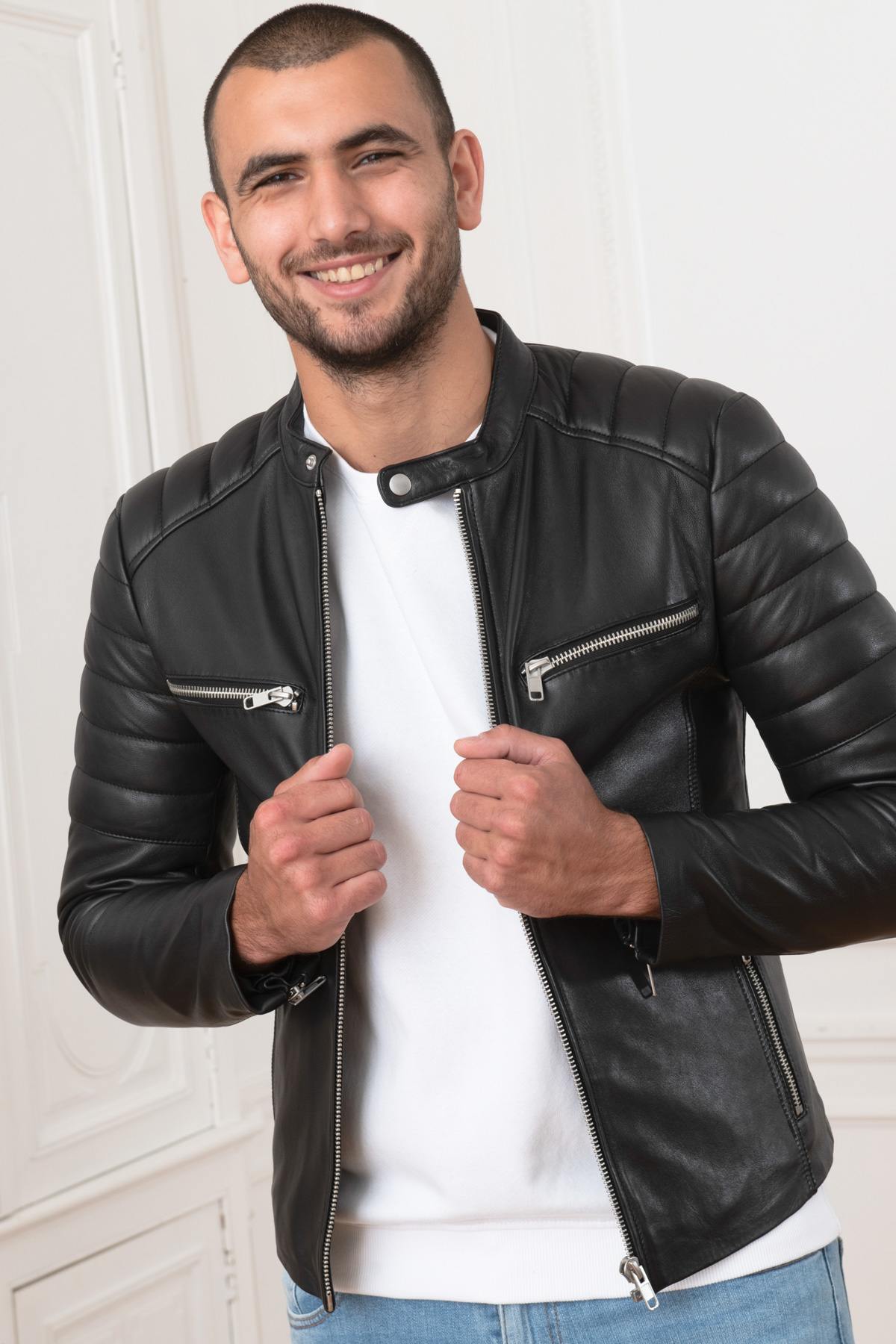 Skinny sheep leather jacket with moto collar and quilted accents. - Image n°7
