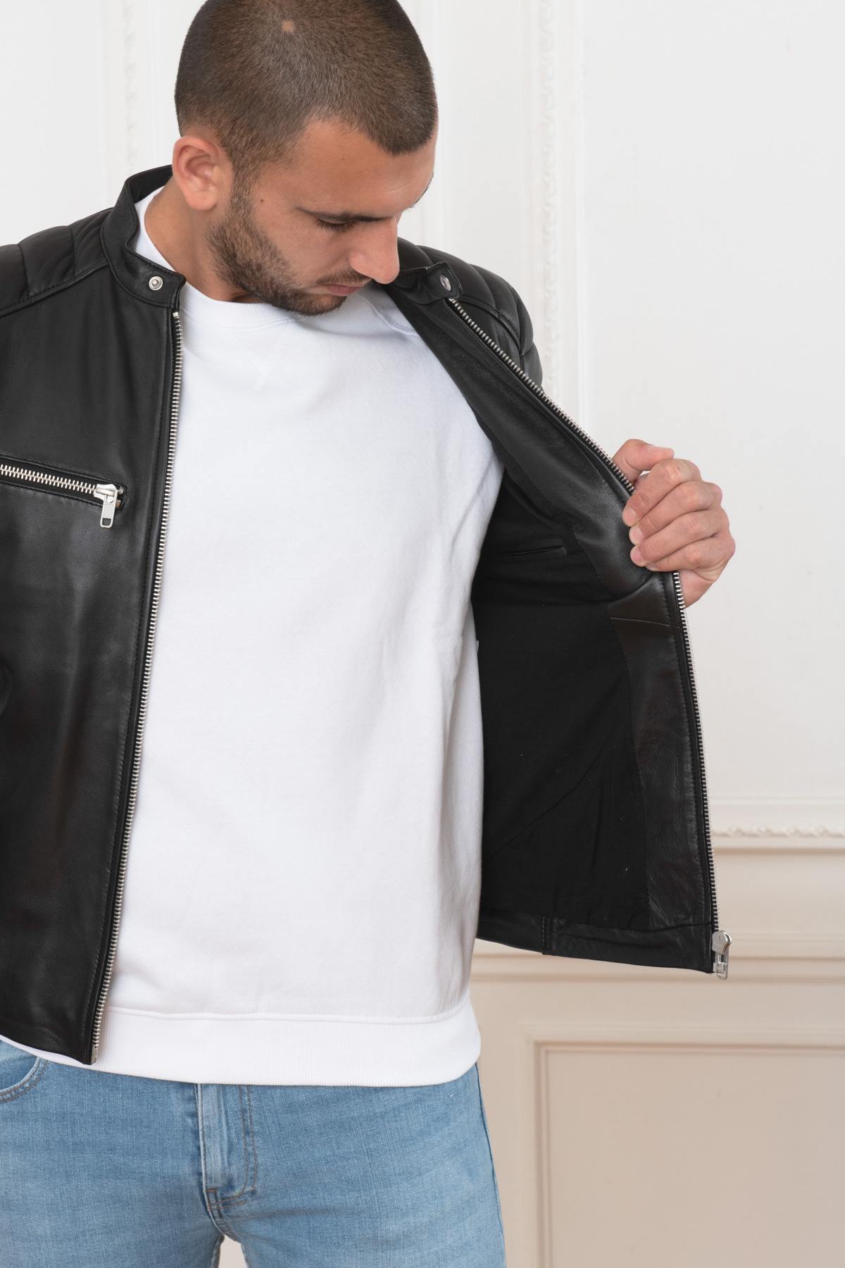 Skinny sheep leather jacket with moto collar and quilted accents. - Image n°6