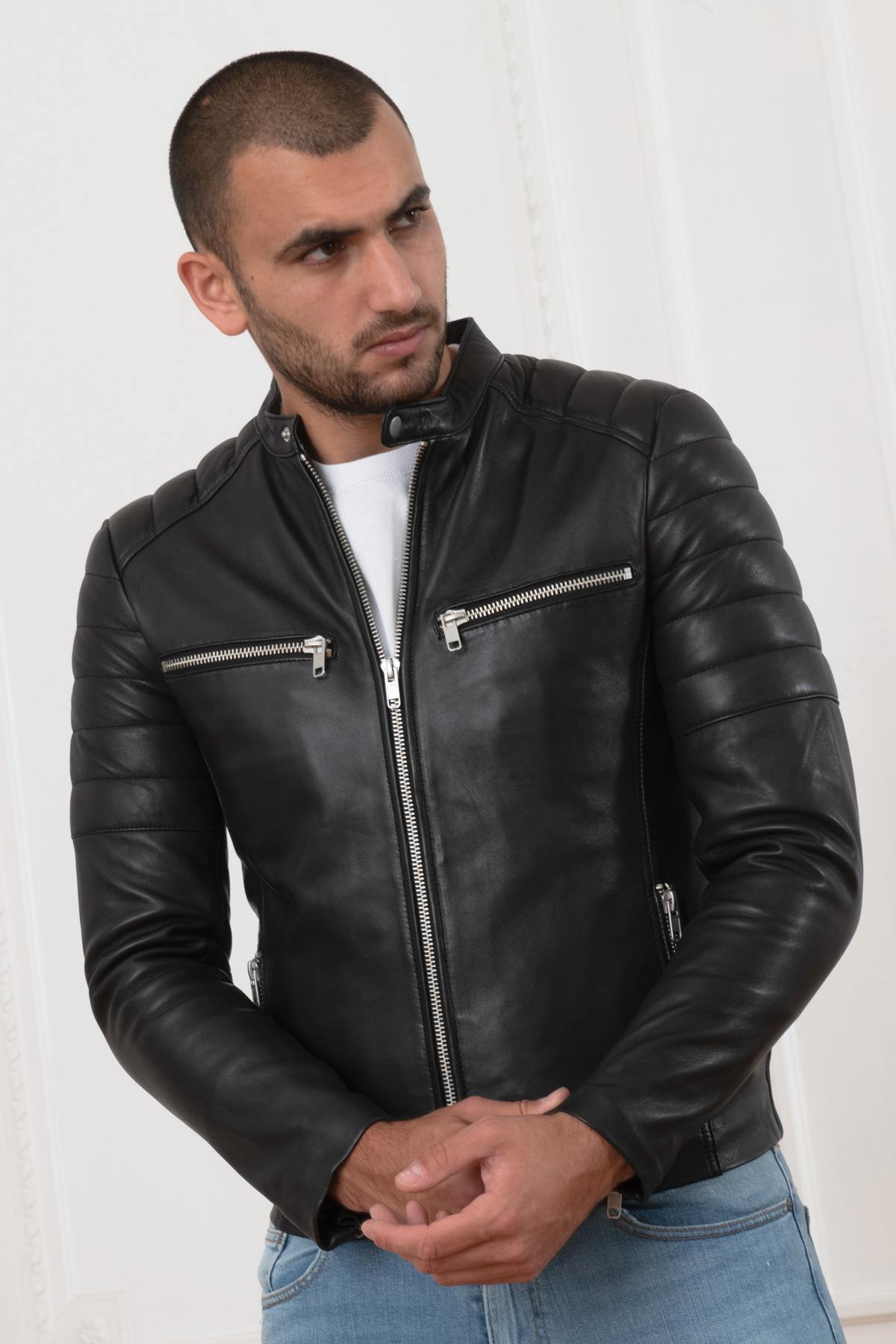 Skinny sheep leather jacket with moto collar and quilted accents. - Image n°1