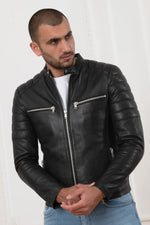 Skinny sheep leather jacket with moto collar and quilted accents. - Image n°1