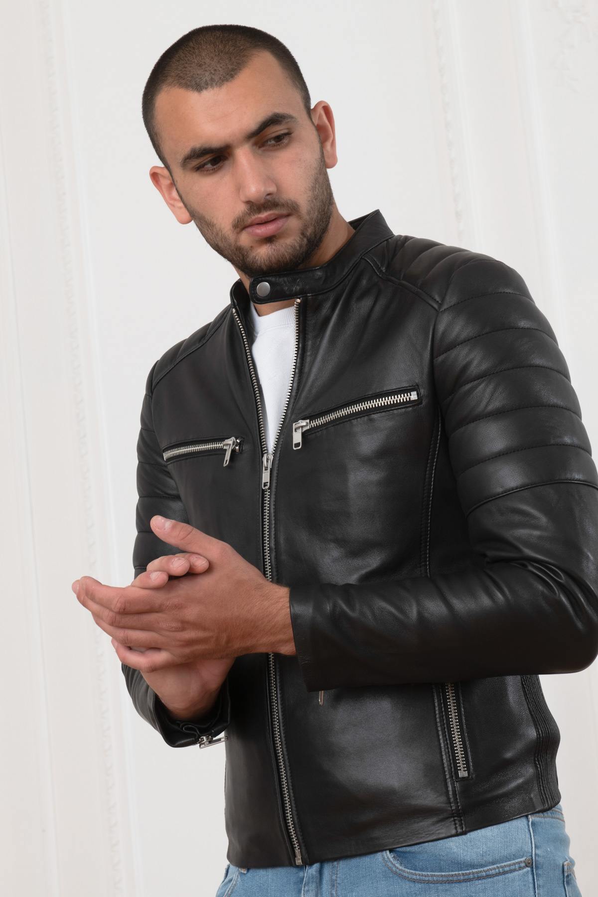 Skinny sheep leather jacket with moto collar and quilted accents. - Image n°8
