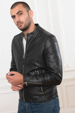 Sheep leather jacket with biker collar, patina and recycled details. - Image n°1