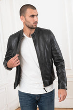 Sheep leather jacket with biker collar, patina and recycled details. - Image n°8