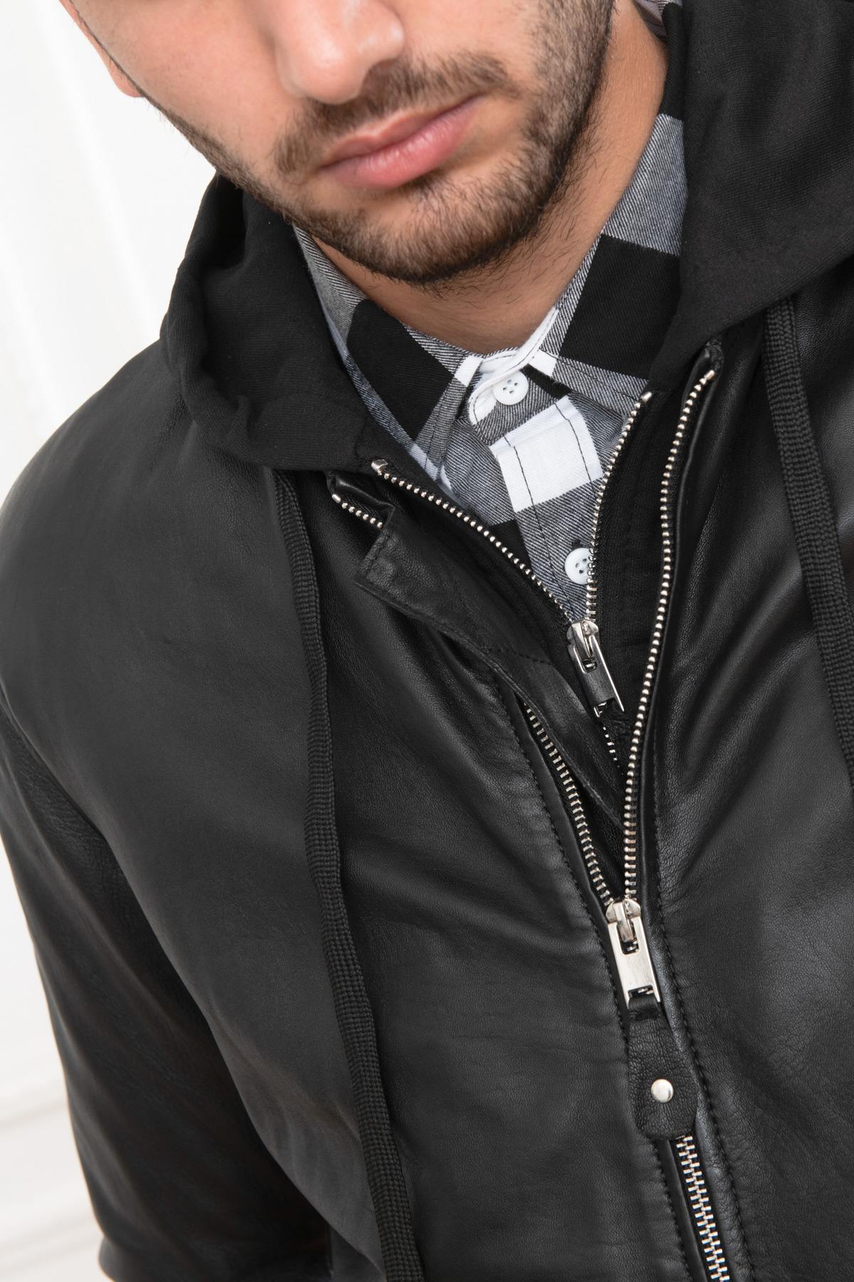 Black lambskin jacket merging bomber and hooded sweatshirt styles. - Image n°5