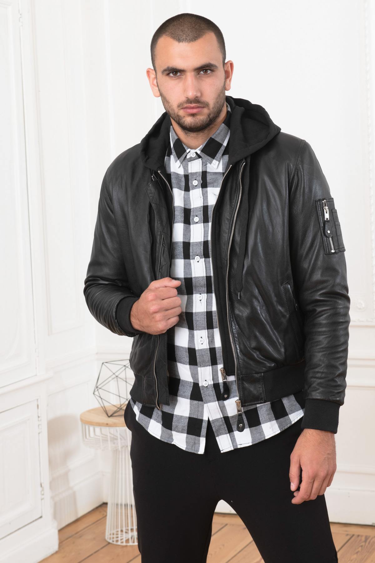 Black lambskin jacket merging bomber and hooded sweatshirt styles. - Image n°8
