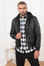 Black lambskin jacket merging bomber and hooded sweatshirt styles. - Image n°8