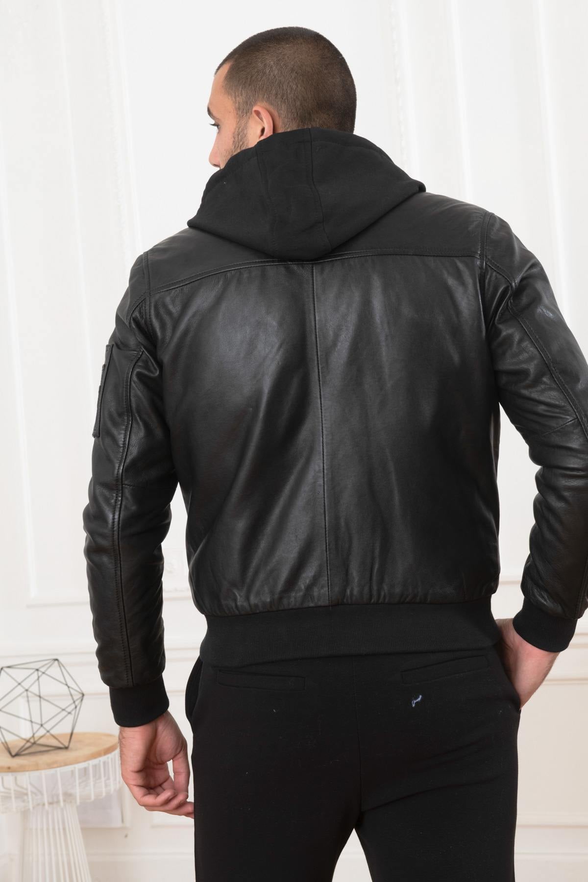 Black lambskin jacket merging bomber and hooded sweatshirt styles. - Image n°4
