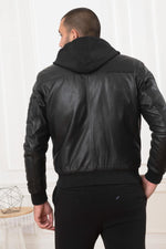 Black lambskin jacket merging bomber and hooded sweatshirt styles. - Image n°4