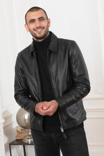 Black leather jacket with shirt collar - Image n°4