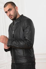 Rock-chic lambskin jacket by Schott: crinkled, matte, Mao collar. - Image n°1