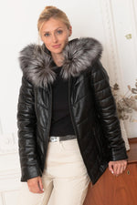 Leather down jacket with fur collar - Image n°6