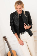 Black leather jacket with biker collar - Image n°6