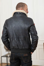 Petrol navy lambskin aviator jacket with removable sheepskin collar. - Image n°5