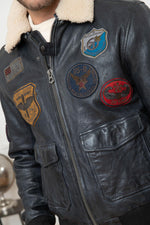 Petrol navy lambskin aviator jacket with removable sheepskin collar. - Image n°9