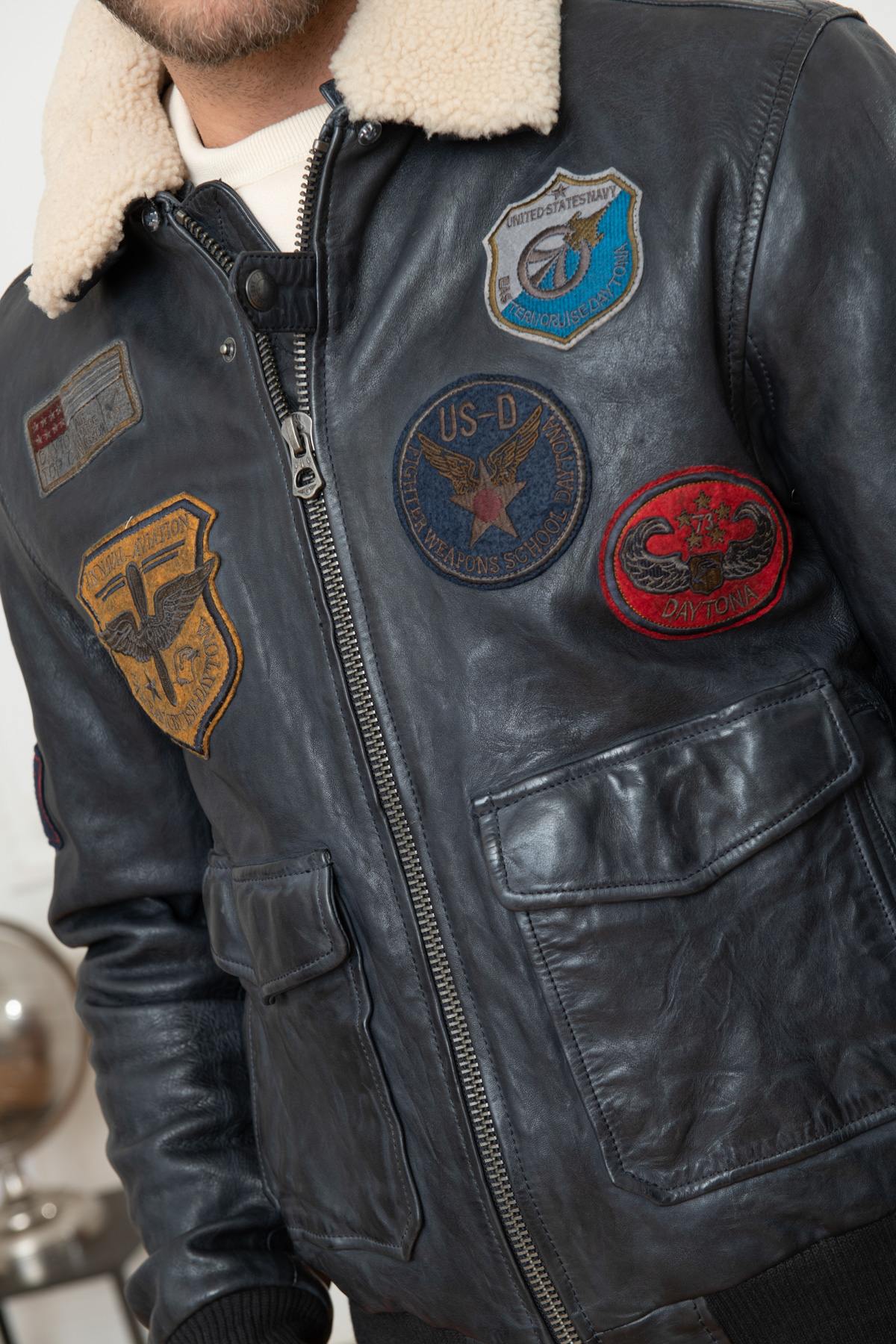 Petrol navy lambskin aviator jacket with removable sheepskin collar. - Image n°9