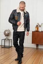 Petrol navy lambskin aviator jacket with removable sheepskin collar. - Image n°3