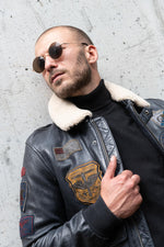 Petrol navy lambskin aviator jacket with removable sheepskin collar. - Image n°8