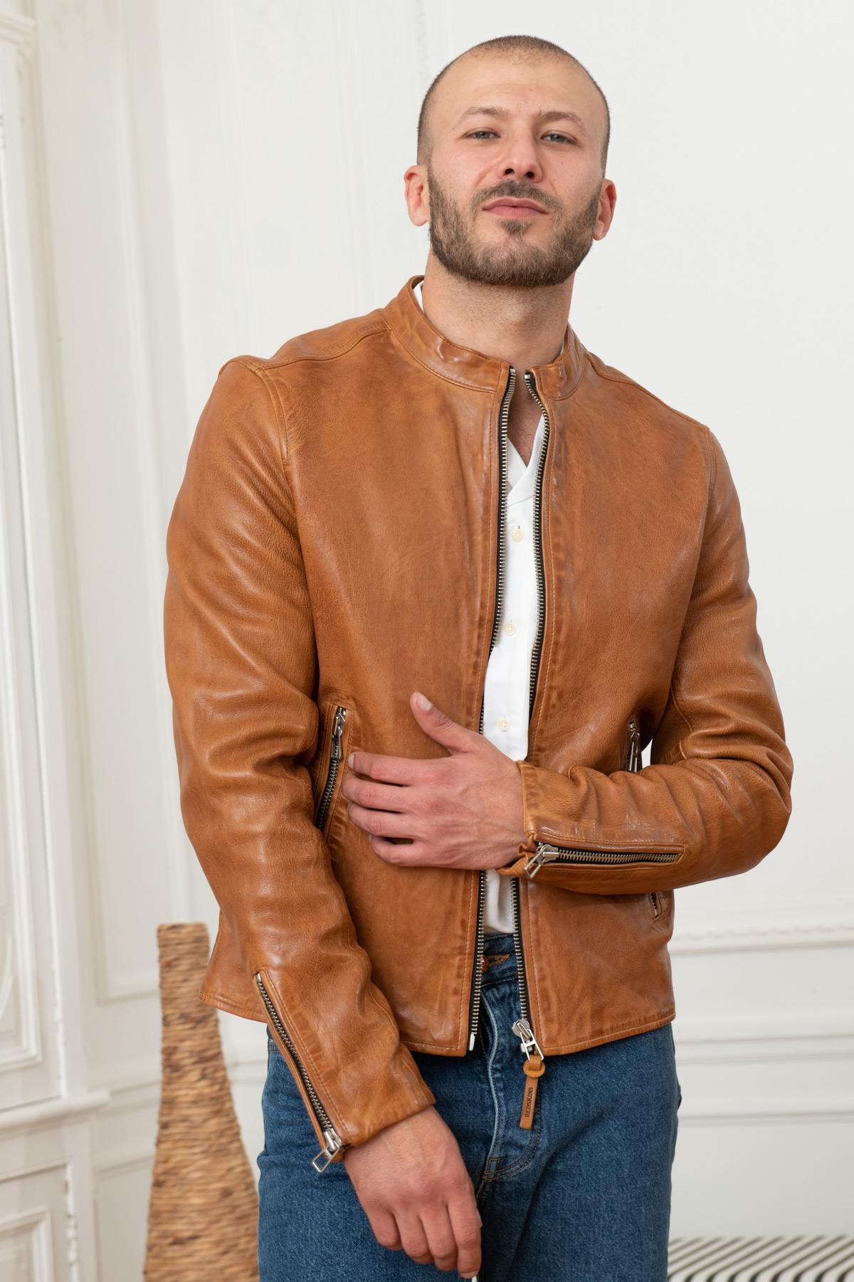 Slim biker jacket in vegetable-tanned sheep leather by Redskins. - Image n°6