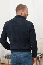 Slim navy suede lambskin jacket with ribbed cuffs and waist for style. - Image n°6