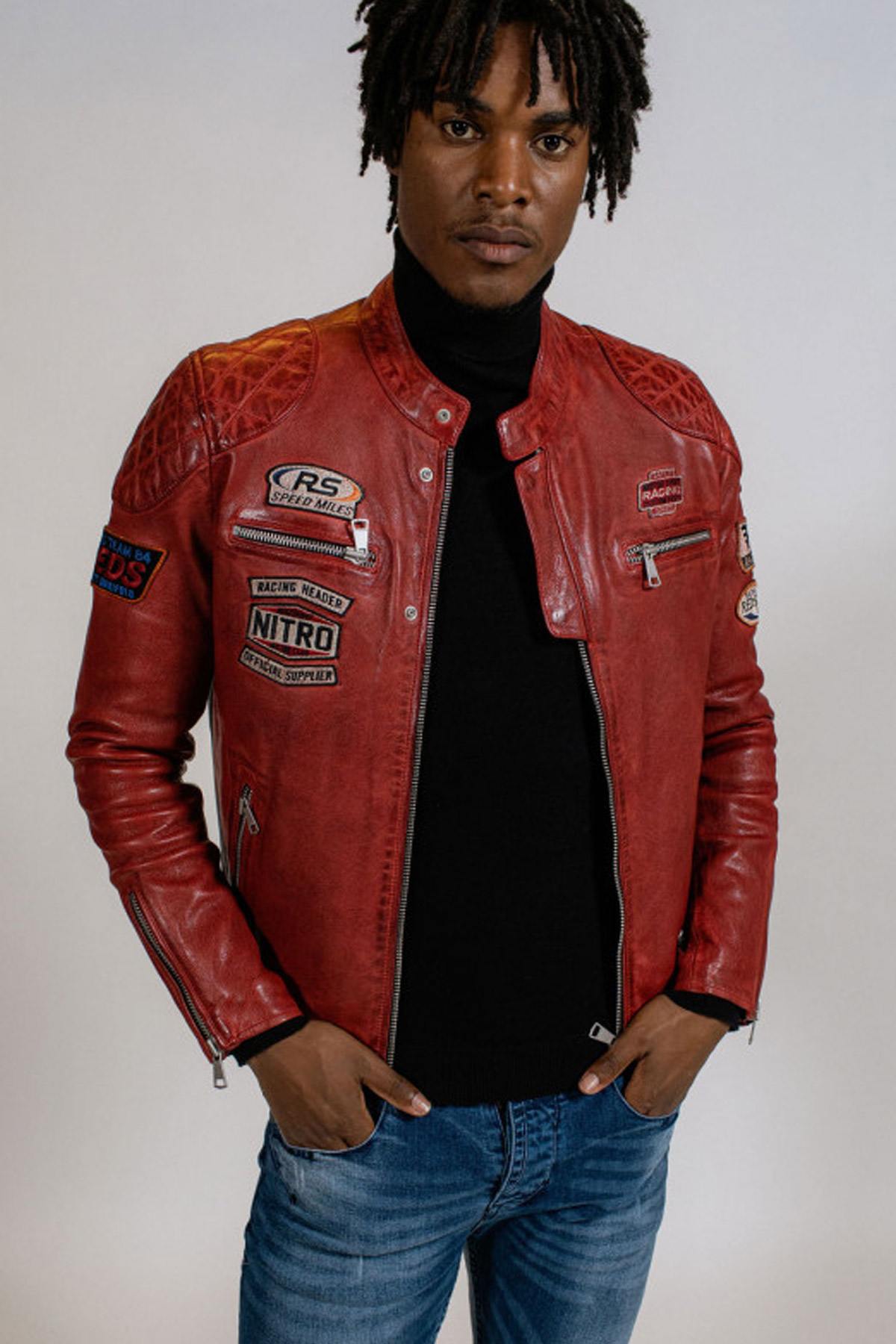 Redskins' lambskin biker jacket in bold Barcelona red. - Image n°2