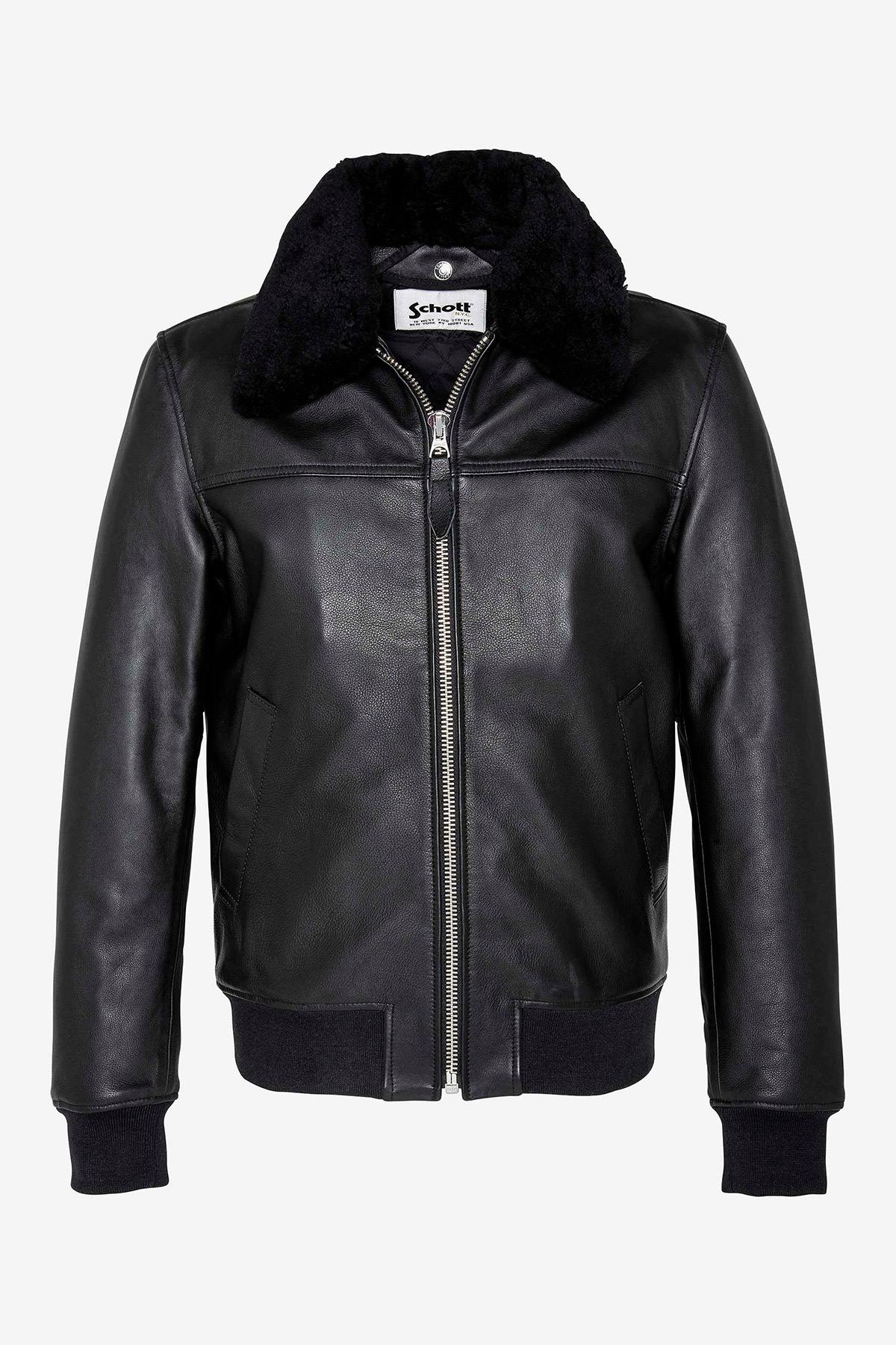 Black cowhide pilot jacket by Schott, detachable shearling collar. - Image n°2