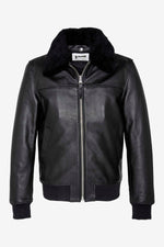 Black cowhide pilot jacket by Schott, detachable shearling collar. - Image n°2