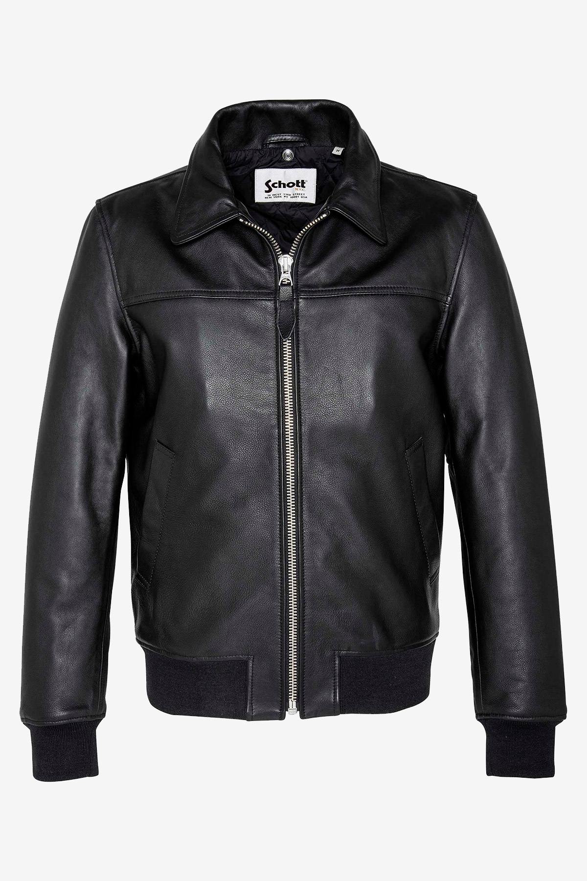 Black cowhide pilot jacket by Schott, detachable shearling collar. - Image n°4