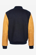 Schott's varsity jacket: navy wool with cognac cowhide sleeves. - Image n°7