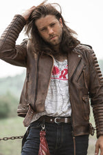 carefully stitched biker jacket in waxed cowhide. Rugged, weathered finish. - Image n°1