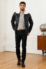 Redskins' navy sheepskin aviator jacket with detachable collar. - Image n°2