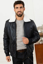 Redskins' navy sheepskin aviator jacket with detachable collar. - Image n°5