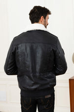 Redskins' navy sheepskin aviator jacket with detachable collar. - Image n°4