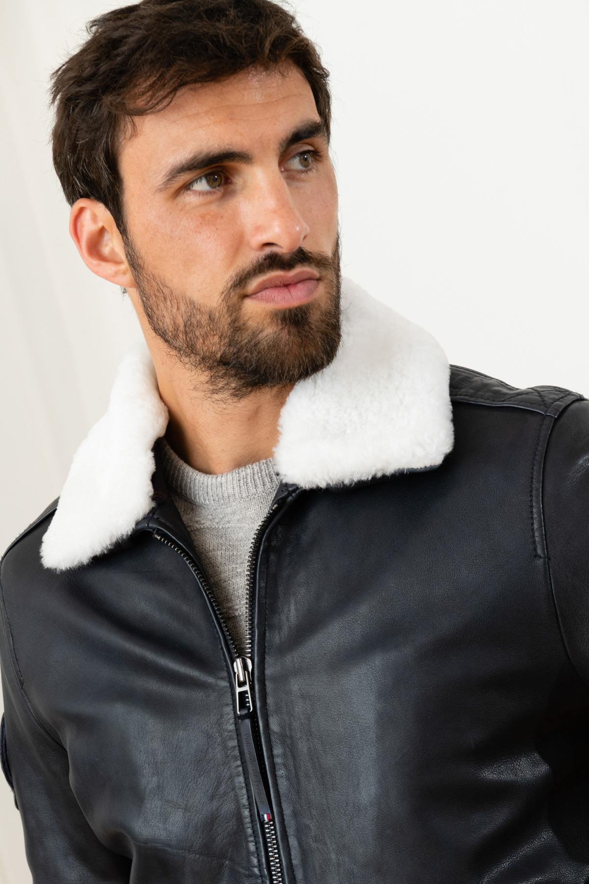 Redskins' navy sheepskin aviator jacket with detachable collar. - Image n°6