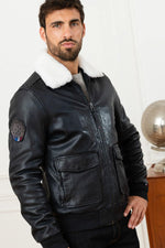 Redskins' navy sheepskin aviator jacket with detachable collar. - Image n°1