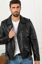 Black matte cowhide perfecto, durable and flexible for timeless style. - Image n°1