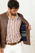 Aged sheepskin biker jacket with Mao collar and structured fit. - Image n°4