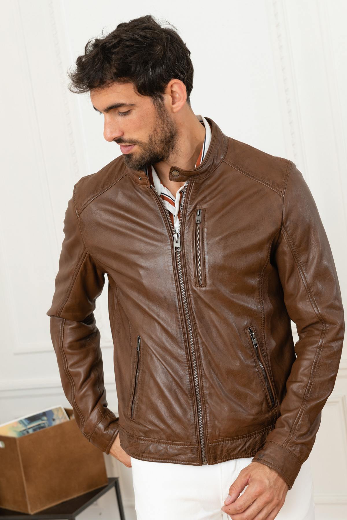 Aged sheepskin biker jacket with Mao collar and structured fit. - Image n°1