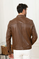Aged sheepskin biker jacket with Mao collar and structured fit. - Image n°5