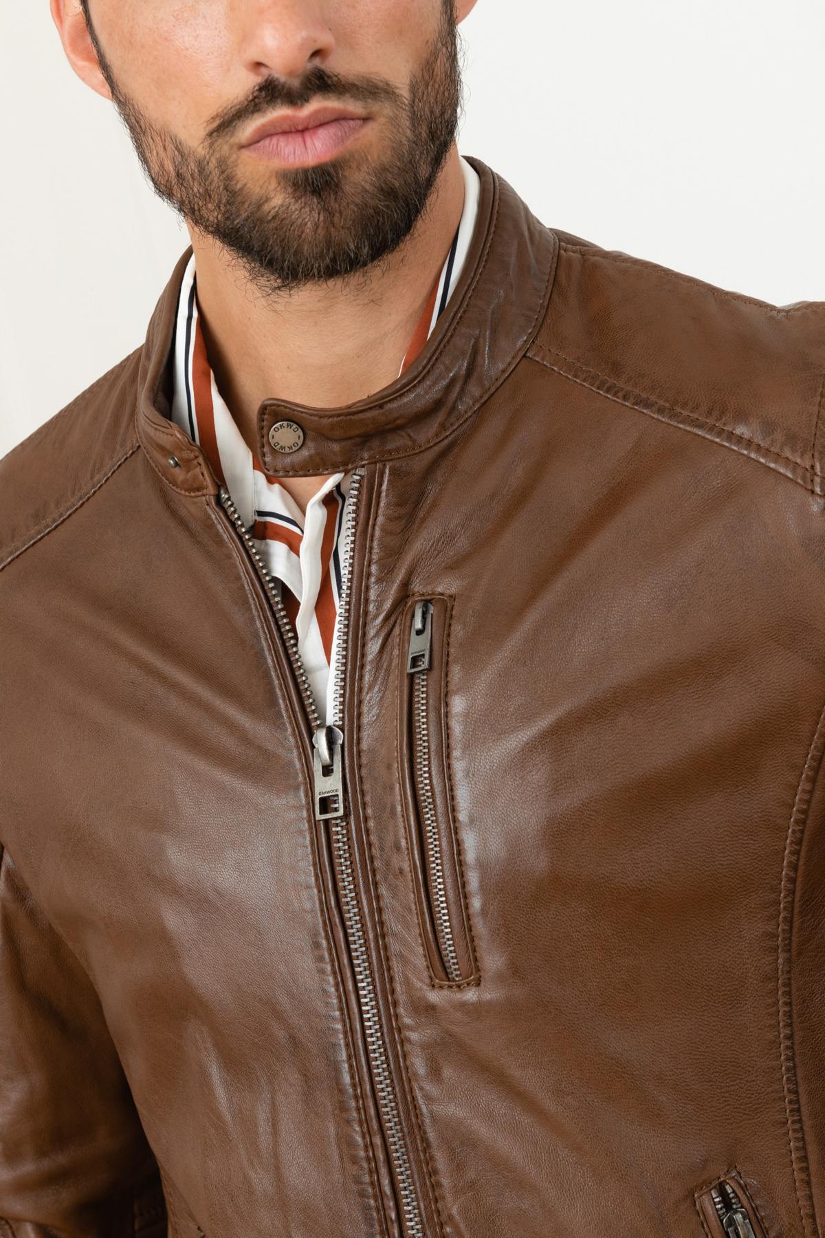 Aged sheepskin biker jacket with Mao collar and structured fit. - Image n°7