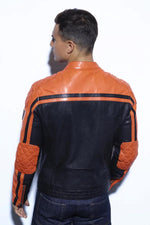 Bold lambskin jacket: black and orange, matelasséd, vintage patches. - Image n°2