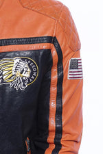 Bold lambskin jacket: black and orange, matelasséd, vintage patches. - Image n°6
