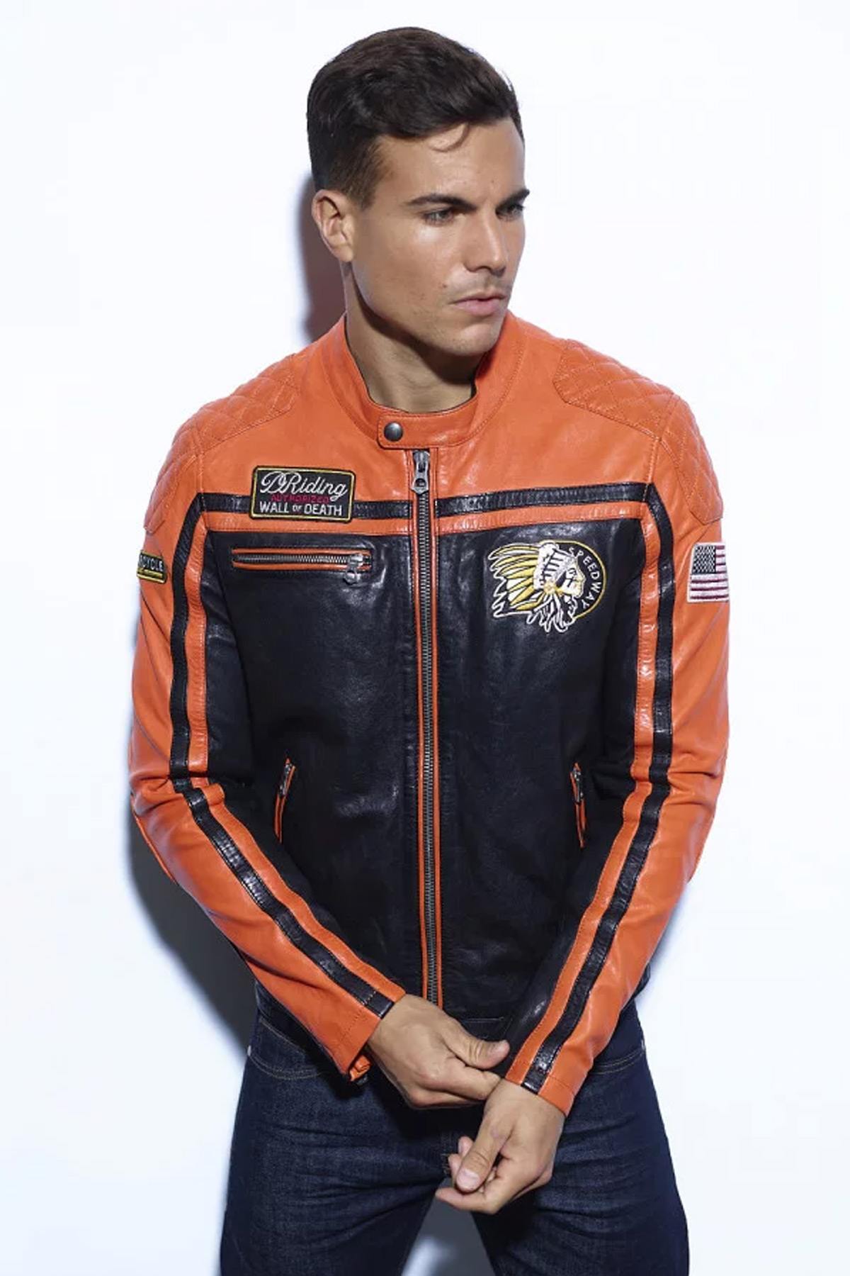 Bold lambskin jacket: black and orange, matelasséd, vintage patches. - Image n°3