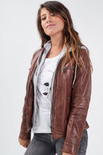 Brown leather jacket with removable hood - Image n°2
