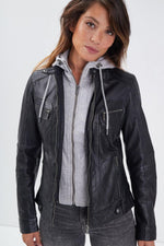 Hooded biker collar in black washed lambskin - Image n°2