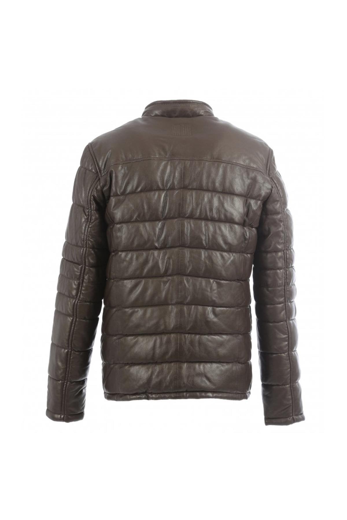 Dark brown shearling jacket with biker collar and quilted panels. - Image n°10