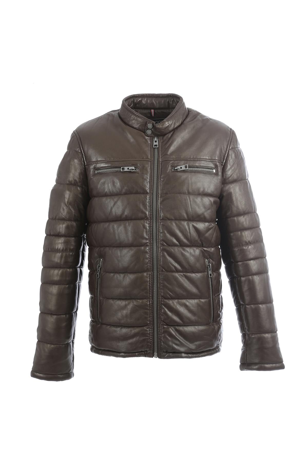 Dark brown shearling jacket with biker collar and quilted panels. - Image n°9