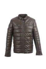 Dark brown shearling jacket with biker collar and quilted panels. - Image n°9